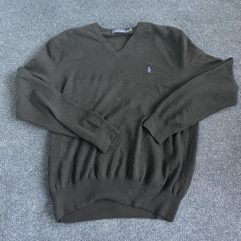 Polo Ralph Lauren Sweater Mens XL Black V Neck Knit Pullover Logo Casual